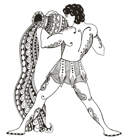 Zodiac sign - Aquarius. Young man with large amphora. Water outpoured. Vector illustration. Zentangle stylized. Horoscope. Pattern. Hand drawn. Freehand pencil.のイラスト素材