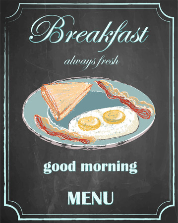 Breakfast menu on chalkboard background, good morning, vector, illustration, freehand.のイラスト素材
