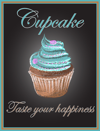 Cupcake on chalkboard background, vector, illustration, hand drawn.のイラスト素材