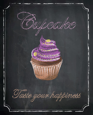 Cupcake on chalkboard background, vector, illustration, hand drawn.のイラスト素材