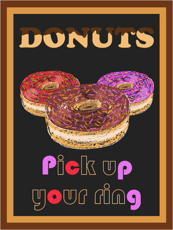 Donuts, pick up your ring - vector, illustration on chalkboard background.のイラスト素材