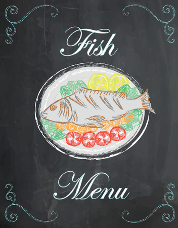 Fish menu, baked fish with vegetables on plate with chalkboard background.のイラスト素材