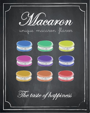 Macaron menu on chalkboard background, vector, illustration, freehand, the taste of happiness.のイラスト素材