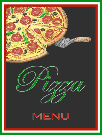 Pizza menu on chalkboard, illustration, vector, italian food.のイラスト素材