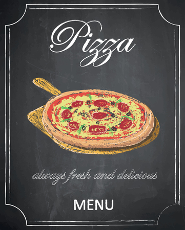 Pizza menu on chalkboard background, vector, illustration, freehand.のイラスト素材