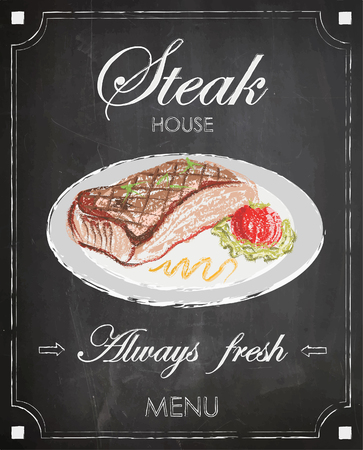 Vintage steak house menu poster design, chalkboard background, freehand.のイラスト素材