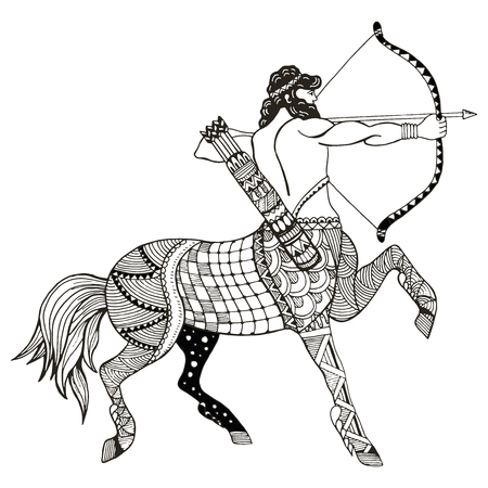 Sagittarius zodiac sign vector illustration, zentangle stylized, freehand pencil, hand drawn, pattern, horoscope sign, the archer.のイラスト素材