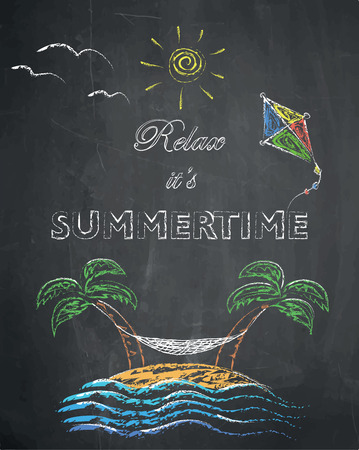 Relax it's summertime - palm trees, beach, kite, swing net, sun and sea on chalkboard background.のイラスト素材