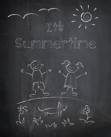 Stick kid clipart, boy and girl freehand chalk on chalkboard background, dog, sun, birds, flowers, vector, illustration.のイラスト素材
