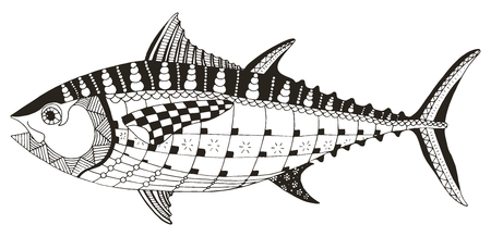 Tuna fish zentangle stylized, vector, illustration, freehand pencil, hand drawn, pattern. Print for t-shirts, mobile cover design. Black and white.のイラスト素材