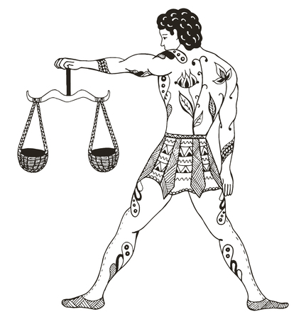 Zodiac sign - Libra. Young man holding scales.Vector illustration. Zentangle stylized. Horoscope. Pattern. Hand drawn. Freehand pencil.のイラスト素材