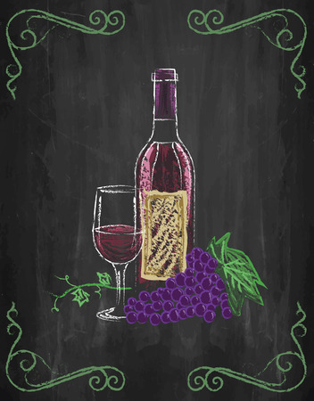 Wine glass and bottle with grapes and vines on chalkboard background, vector, illustration.のイラスト素材