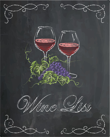 Wine list with two wine glasses and grape on chalkboard background.のイラスト素材