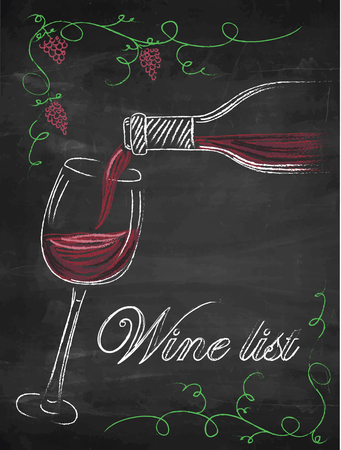 Wine list with wine glass and wine bottle on chalkboard background.のイラスト素材