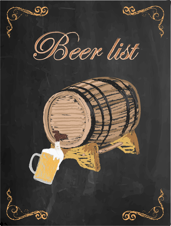 Beer list, beer glass and beer barrel on chalkboard background.のイラスト素材
