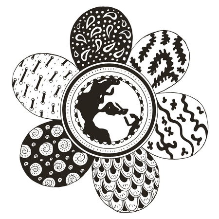Earth globe in the middle of a flower, zentangle stylized petals, vector, illustration, freehand pencil. Print for coloring books.のイラスト素材