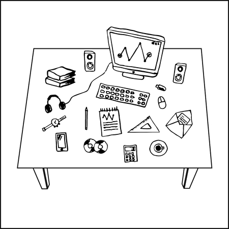 Flat design vector illustration of modern workspace, computer desk, freehand pencil. Print for coloring books.のイラスト素材