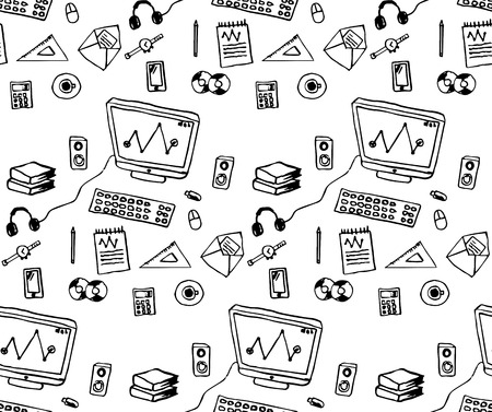 Seamless pattern, flat design vector illustration of modern workspace, computer desk, freehand pencil. Print for coloring books.のイラスト素材
