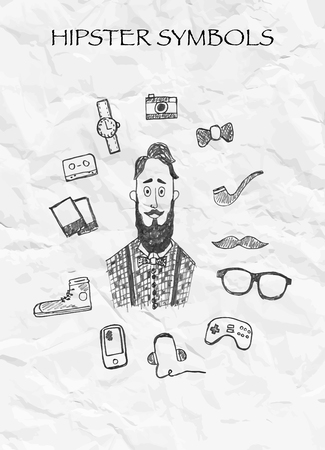 Hipster symbols on crumpled paper, vector, illustration, freehand pencil. Print for t-shirts.のイラスト素材