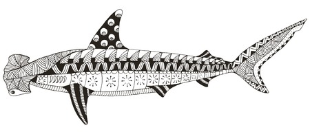 Hammerhead shark zentangle stylized, vector, illustration, pattern, freehand pencil, hand drawn. Zen art. Print for coloring books and t-shirts.のイラスト素材