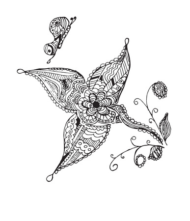Zentangle stylized butterfly, flower, leafs, vector illustration, artistically drawn. Zen art. Print for books and t-shirts.のイラスト素材