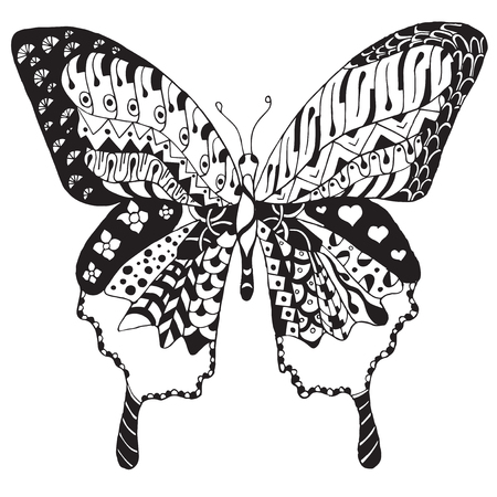 Artistically hand drawn, zentangle stylized butterfly vector, illustration, freehand pencil. Zen art. Print for t-shirts.のイラスト素材