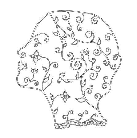 Stylized woman face, flower, leafs, vector illustration, artistically drawn, freehand. Print for t-shirts.のイラスト素材