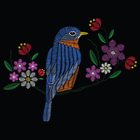 Vector illustration embroidery stitches with bluebird chamomile, spring flowers, branches in color. Fashion ornament on black background for textile and fabric traditional floral decoration. Hand drawn illustration.のイラスト素材