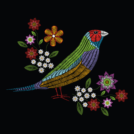 Vector illustration embroidery stitches with gouldian finch, chamomile wildflowers, spring flowers, branches in color. Fashion ornament on black background for textile and fabric traditional floral decoration. Hand drawn illustration. Print for textile anのイラスト素材