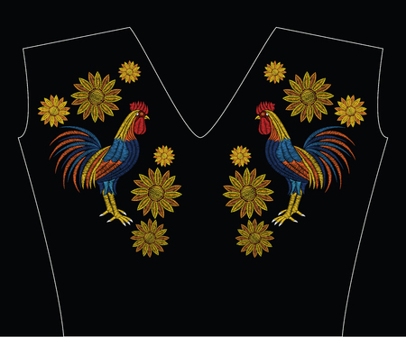 Embroidery stitches with rooster and sunflowers in pastel color. Vector fashion ornament on black background for fabric traditional folk floral decoration. Pattern for textile. Print for fabrics.のイラスト素材