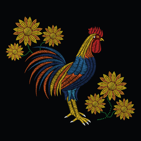 Embroidery stitches with rooster and sunflowers in pastel color. Vector fashion ornament on black background for fabric traditional folk floral decoration. Pattern for textile. Print for fabrics.のイラスト素材