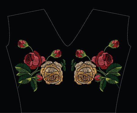 Embroidery stitches with red and yellow roses in pastel color. Vector fashion ornament on black background for traditional floral decoration. Pattern for textile and fabrics. Print for textile.のイラスト素材