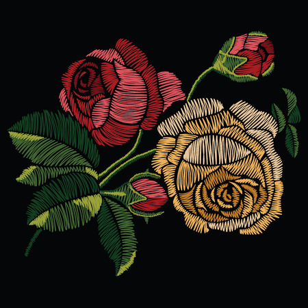 Embroidery stitches with red and yellow roses in pastel color. Vector fashion ornament on black background for traditional floral decoration. Pattern for textile and fabrics. Print for textile.のイラスト素材