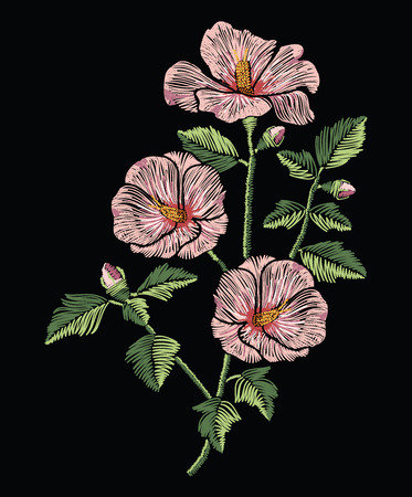 Embroidery stitches with pink hibiscus flowers with green leaves in pastel color. Vector fashion ornament on black background for traditional floral decoration. Pattern for textile and fabrics. Print for textile.のイラスト素材