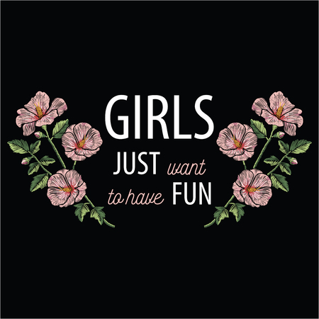 Embroidery stitches with pink hibiscus flowers and slogan girls just want to have fun in pastel color. Vector fashion ornament on black background for floral decoration. Pattern for textil. Print for fabrics.のイラスト素材