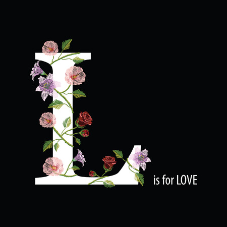 Embroidery stitches with  hibiscus, rose and lily and text L is for love. Vector fashion ornament on black background for floral decoration. Pattern for textil. Print for fabrics and t-shirts.のイラスト素材