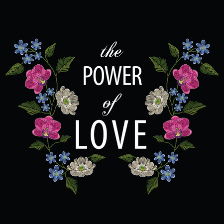 Embroidery stitches with orchid, magnolia, hepatica flower and text the power of love. Decoupage. Vector fashion ornament on black background for traditional floral decoration. Pattern for textile and fabrics. Print for textile.のイラスト素材