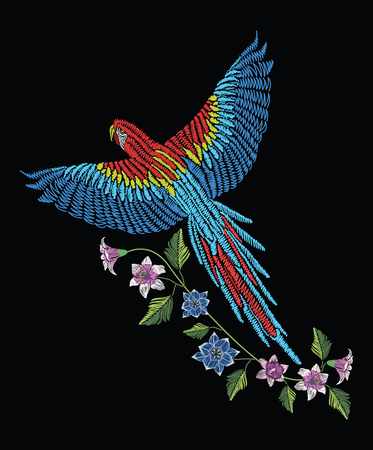 Macaw ara parrot with narcissus, tulip anfd lily flower. Embroidery stitches stylized vector illustration. Traditional floral pattern for textile. Print for fabrics.のイラスト素材