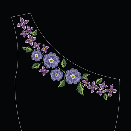 Embroidery stitches with primarose primula vulgaris and lilac flower.. Vector fashion ornament on black background for traditional floral decoration. Pattern for textile and fabrics. Print for textile.のイラスト素材