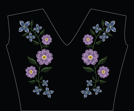 Embroidery stitches with primarose primula vulgaris and lilac flower.. Vector fashion ornament on black background for traditional floral decoration. Pattern for textile and fabrics. Print for textile.のイラスト素材