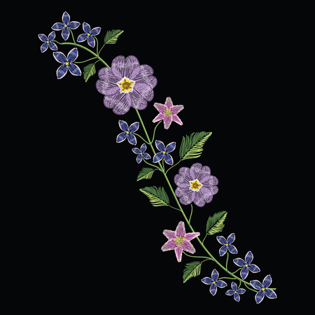 Embroidery stitches with primarose primula vulgaris and lilac flower.. Vector fashion ornament on black background for traditional floral decoration. Pattern for textile and fabrics. Print for textile.のイラスト素材