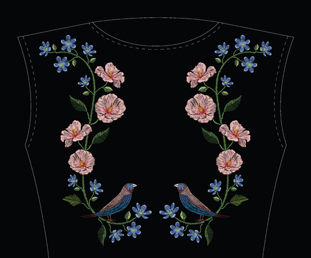 Embroidery stitches with hibiscus, hepatica flower and gouldian finch bird. Vector fashion ornament on black background for traditional floral decoration. Pattern for textile and fabrics. Print for textile.のイラスト素材