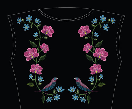 Embroidery stitches with orchid, hepatica flower and gouldian finch bird. Vector fashion ornament on black background for traditional floral decoration. Pattern for textile and fabrics. Print for textile.のイラスト素材