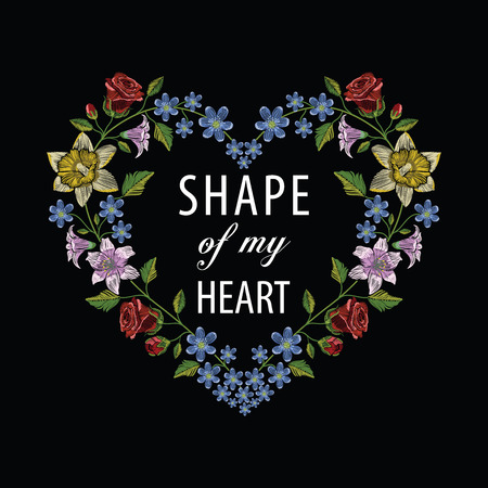Embroidery stitches with hibiscus, rose, lily and hepatica flower making heart shape. Vector fashion ornament on black background for floral decoration. Pattern for textile. Print for fabrics.のイラスト素材