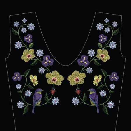 Embroidery stitches with hibiscus, iris flower, bird and ladybird. Vector fashion ornament on black background for traditional floral decoration. Pattern for textile and fabrics. Print for textile.のイラスト素材