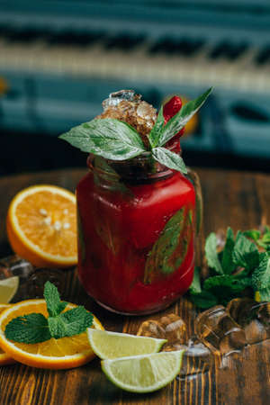 strawberry lemonade, strawberry lemonade with basil, lemonade with piano backgroundの写真素材