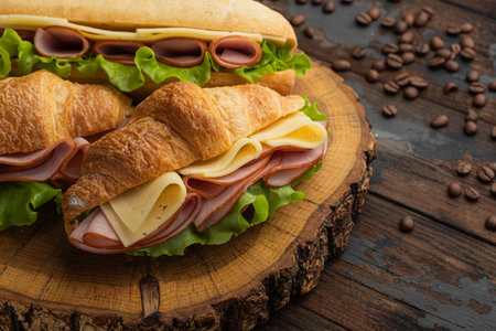 Croissants with ham and cheese. Fresh croissants on a wooden background. Croissants and coffee....