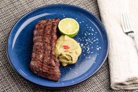 beef steak with celery puree dish, beef steak with puree.の写真素材