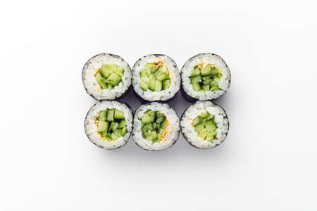 Rolls on a white background, rolls and sushi, sushi with different fillings.の写真素材