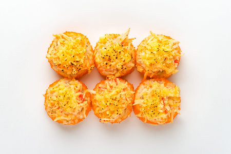 Rolls on a white background, rolls and sushi, sushi with different fillings.